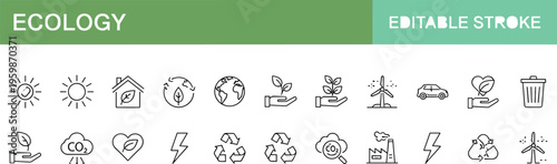 Ecology icons set, renewable energy, sustainability, eco lifestyle, recycling, electric car, solar power, wind turbine, conservation, environmental science