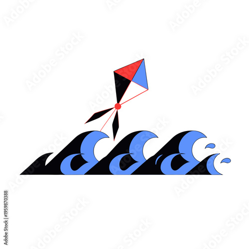 Vector clipart of colorful kite flying over waves