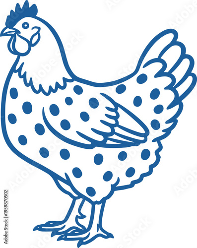 blueline drawing of a polka dot chicken