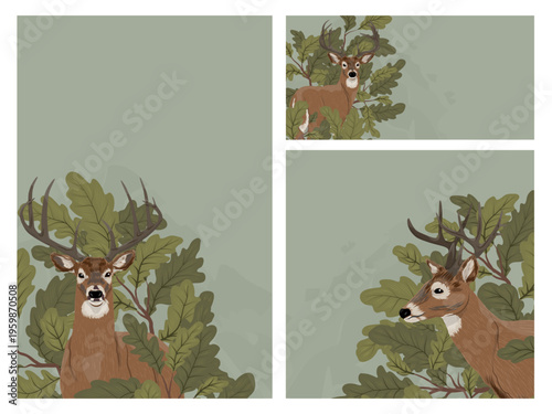 White-tailed deer buck with antlers in oak leaves forest, whitetail wild animal in autumn woodland, nature landscape background, vector illustration