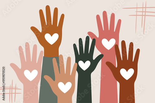 Diverse hands with hearts on palms raised up in unity and love one sentence