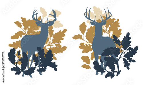 White-tailed deer buck silhouette in oak leaves forest, whitetail wild animal in autumn woodland, blue and gold nature landscape background, vector illustration set