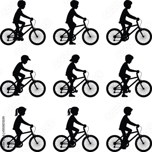 Black silhouette cyclists riding in a row on white bicycles isolated des