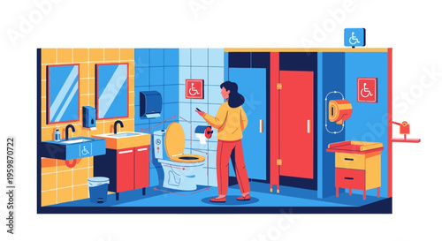 Woman Using Smartphone in Accessible Public Restroom.