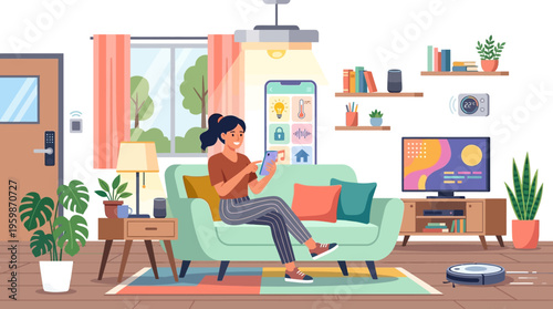 Woman using smartphone on couch in smart home.