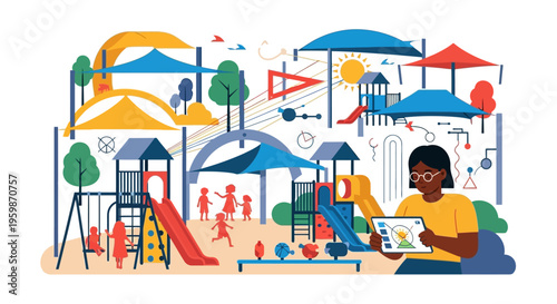 Woman using tablet at playground with children playing.