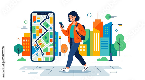 Woman using smartphone with navigation app in city.