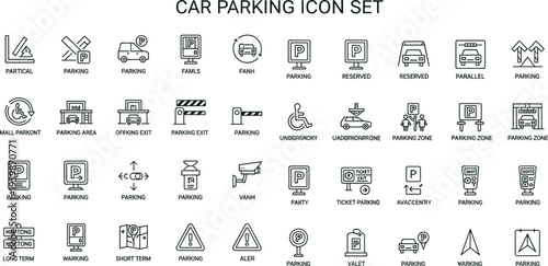 Car parking outline icon set featuring reserved zones guidance barriers accessibility valet navigation symbols for transport interface vector collection