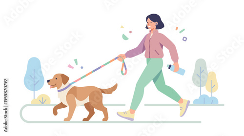Woman walking her dog on a leash outdoors.
