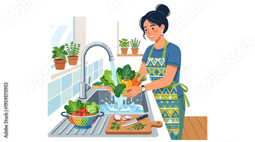 Woman Washing Fresh Vegetables in Kitchen Sink.
