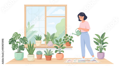 Woman watering houseplants by the window.