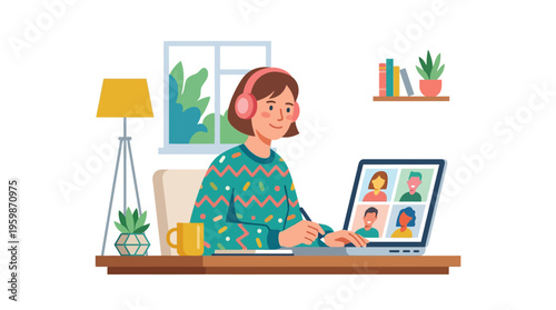Woman wearing headphones attending online meeting on laptop.