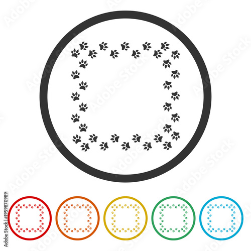 Paw foot trail print icon. Set icons in color circle buttons