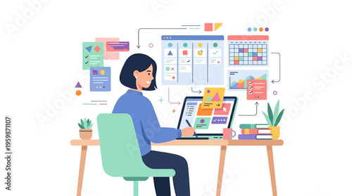 Woman working diligently at her desk with a laptop.