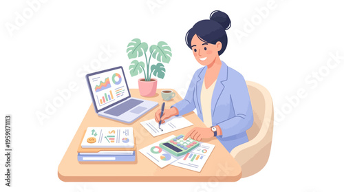 Woman working at desk with laptop and papers.