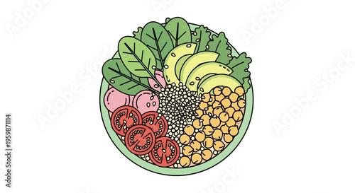 Colorful fruit and vegetable bowl illustration.