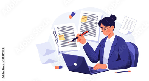 Woman working diligently at a laptop surrounded by documents.