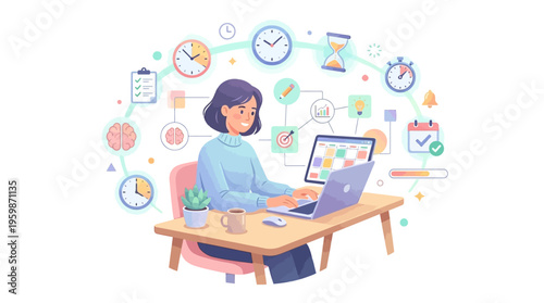 Woman working diligently at her desk with a laptop.