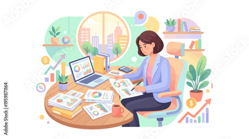 Woman working diligently at her desk with financial documents.