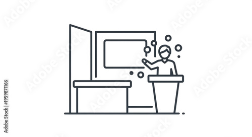 Trade Show Presentation - Speaker at Booth with Display and Table.