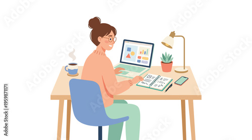 Woman working diligently at her desk with laptop and notebook.