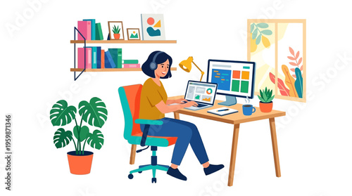 Woman working on laptop at desk with computer.