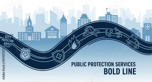 Public Protection Services Bold Line Illustration with Emergency Vehicles and Symbols.