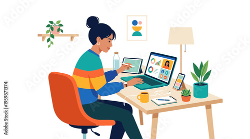 Woman working on laptop at desk with tablet and phone.