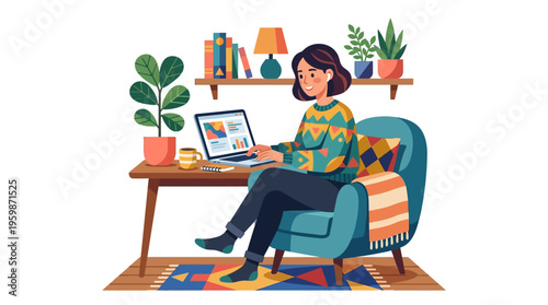 Woman working on laptop in cozy armchair at home.