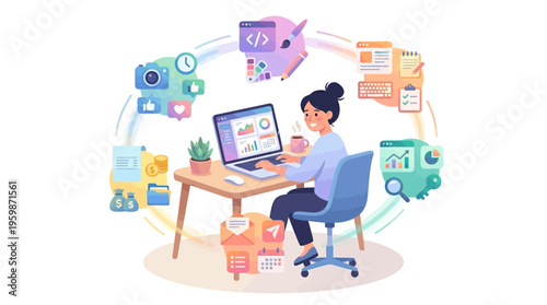 Woman working on laptop surrounded by business icons.