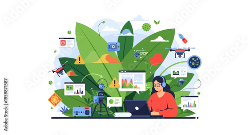 Woman working on laptop with drones and data analysis.