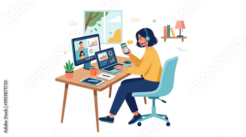 Woman working remotely on multiple devices at home office desk.