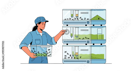 Woman tending to insect farm with multiple stacked enclosures.