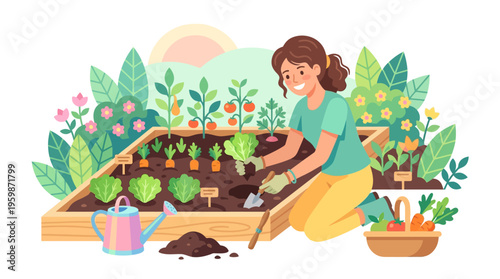 Woman tending to a flourishing raised garden bed with fresh vegetables.