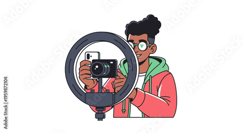 Young man with camera and ring light creating content.