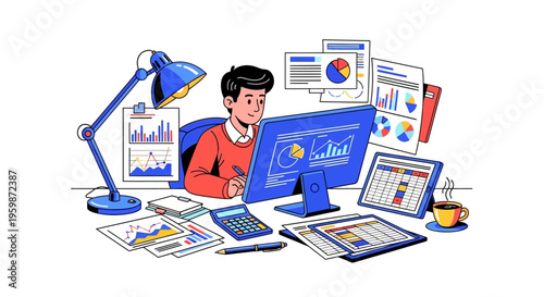 Young man working diligently at his computer desk with financial charts and data.