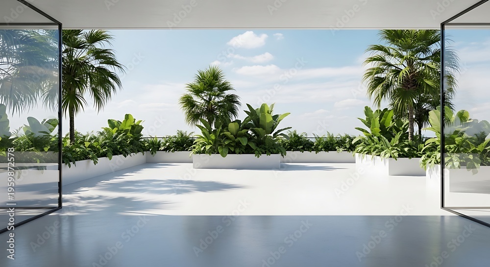 Obraz premium Modern rooftop terrace with lush green plants and palm trees overlooking a bright sunny sky with clouds, an oasis of tranquility and nature in an urban setting.