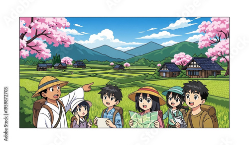 Japanese countryside anime vector illustration rural landscape characters design