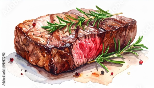 Grilling juicy medium rare t-bone beef steak with rosemary