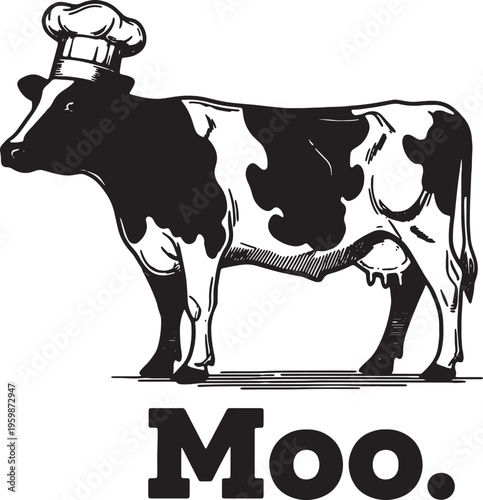 Cow wearing chef hat standing on white background