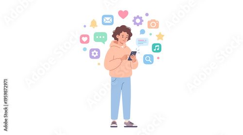 Young person engrossed in smartphone surrounded by social media icons.