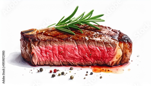 Grilling juicy medium rare t-bone beef steak with rosemary