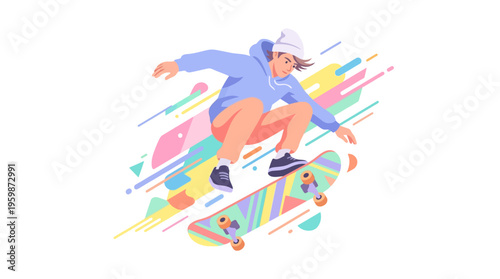 Young person performing a skateboard trick mid-air.