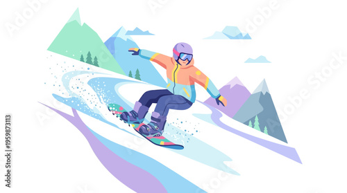 Young person snowboarding down a snowy mountain slope.