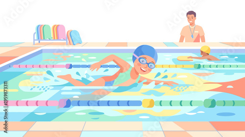 Young swimmer in goggles and cap races forward in pool.