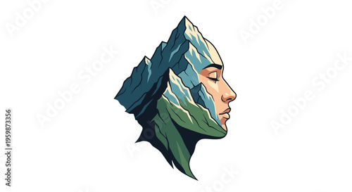 A vibrant illustration of a person's face blended with a mountain range in a natural landscape