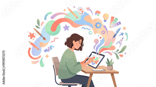 Young woman artist creating digital art on tablet.