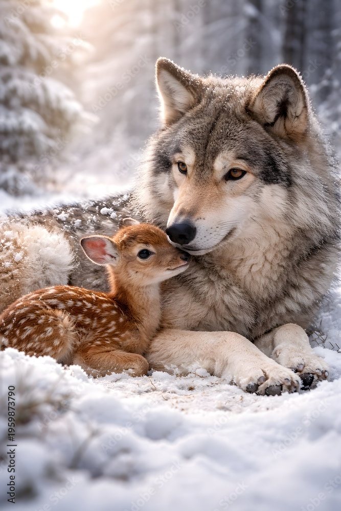 Fototapeta premium Beautiful gray wolf and a small baby deer fawn cuddling in a snowy winter forest, unlikely animal friends in wilderness