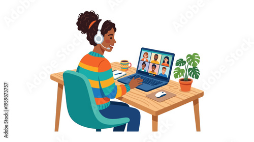 Young woman attending online meeting on laptop.
