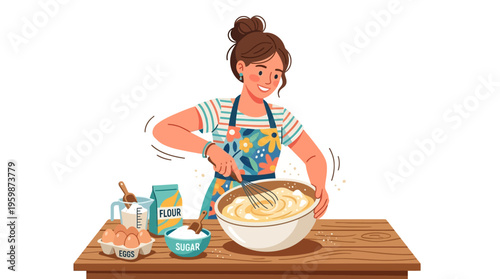 Young Woman Baking Delicious Cake Mix in Kitchen.